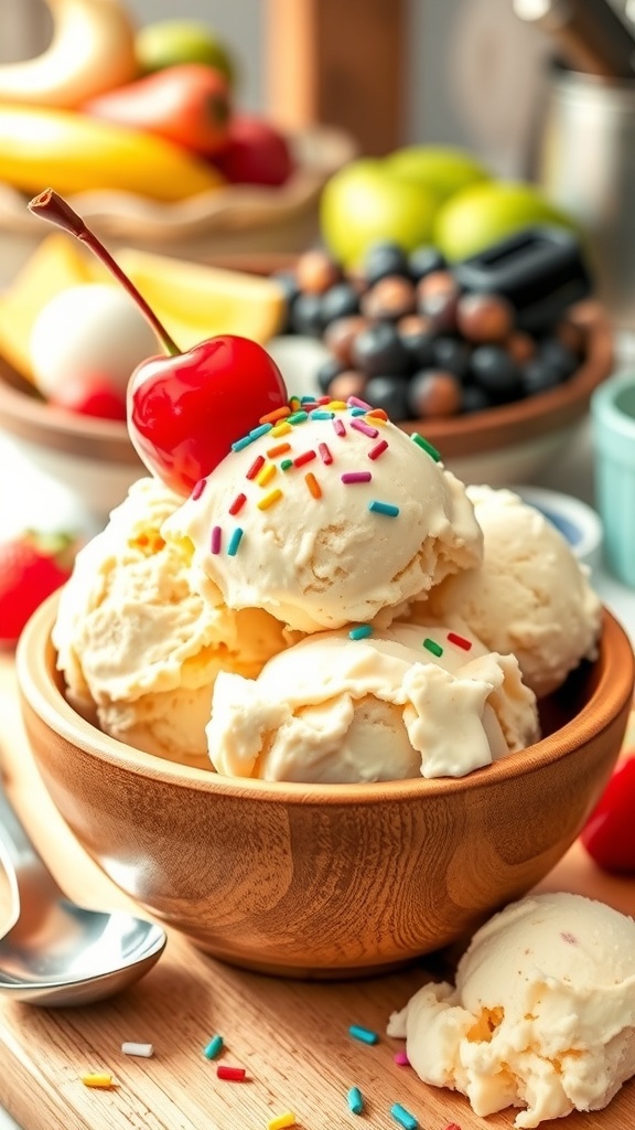 A bowl of vanilla ice cream with sprinkles and a cherry on top, set in a sunny kitchen.